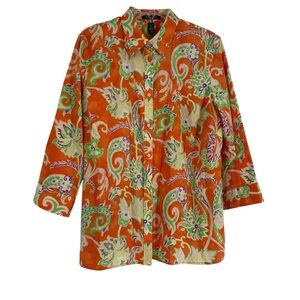 Lauren Ralph Lauren Floral Cotton Shirt Women’s Size 1X LRL Button Up Orange